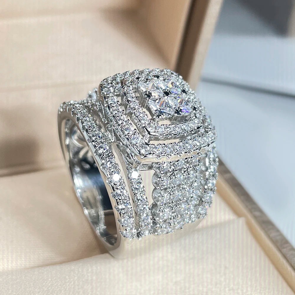 Classic Geometric Full-Diamond White Zircon Ring For Women 925 Silver Openwork Jewelry For Valentine's Day Men's Ring
