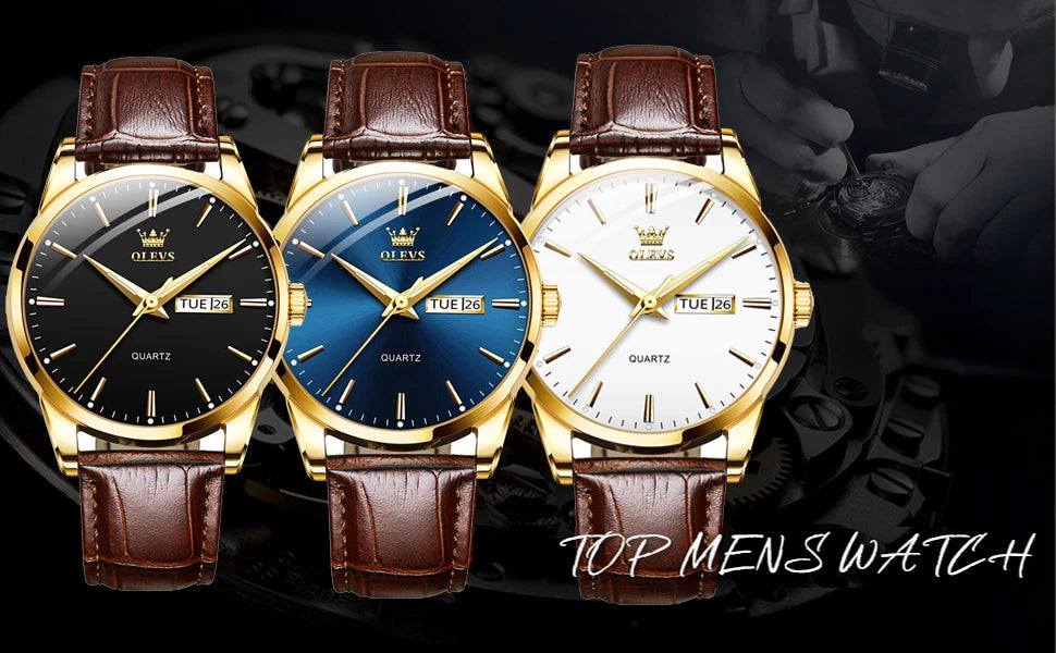 OLVES 6898 Top Brand Men's Watches Original Simple Quartz Wristwatch for Man Waterproof Leather Strap Business Watch Casual