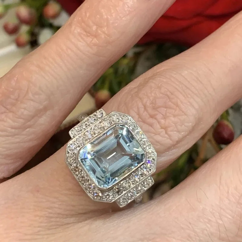 Luxury Female Rings 925 Sterling Silver Square Sea Blue Zircon Rings for Women Men Love Anniversary Jewelry Girlfriend Gift