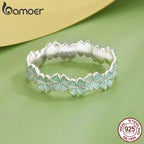 Bamoer 925 Sterling Silver Four-Leaf Clover Ring Mint Green Leaves Vine Ring Fine Jewelry Gift for Women Party