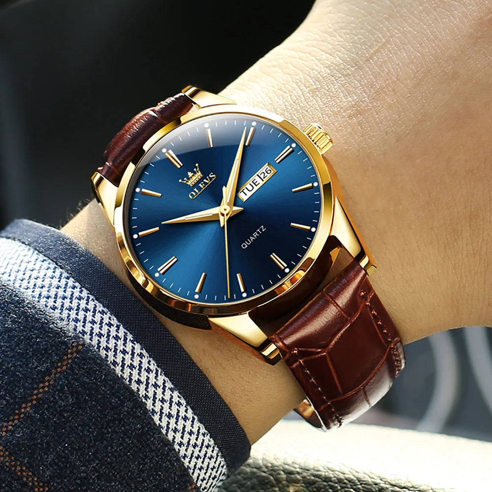 OLVES 6898 Top Brand Men's Watches Original Simple Quartz Wristwatch for Man Waterproof Leather Strap Business Watch Casual
