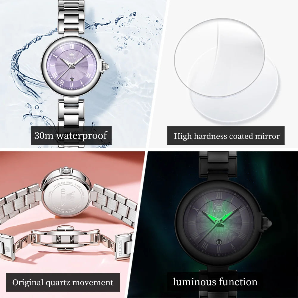 OLEVS Elegant Fashion Women's Watches Luxury Brand Quartz Watch for Ladies Waterproof Stainless Steel Luminous Date Wristwatch