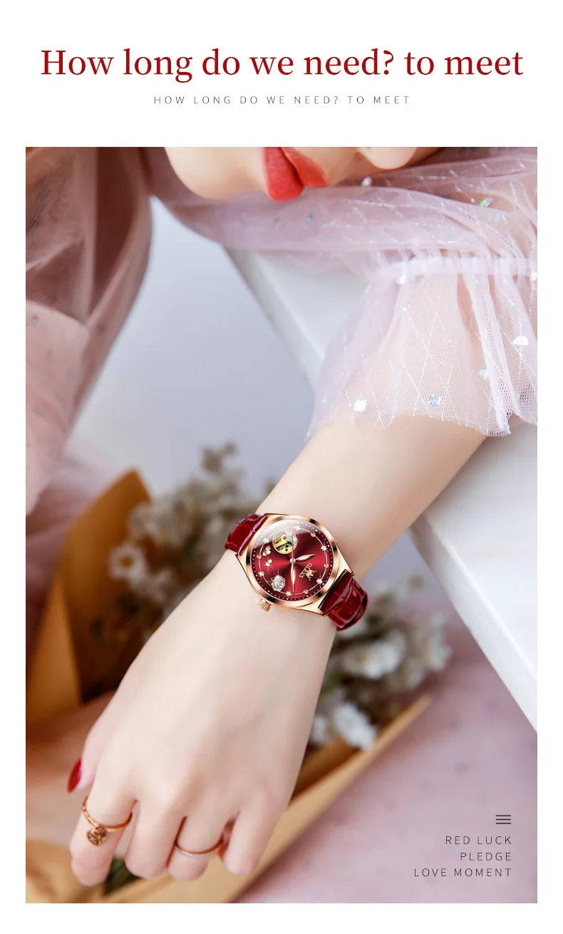 OLEVS Fashion Women Mechanical Watches Bracelets and Necklaces Set Leather Strap Luxury Hollow Ladies WristWatches Reloj Mujer