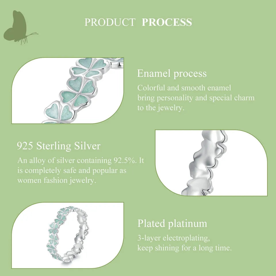Bamoer 925 Sterling Silver Four-Leaf Clover Ring Mint Green Leaves Vine Ring Fine Jewelry Gift for Women Party