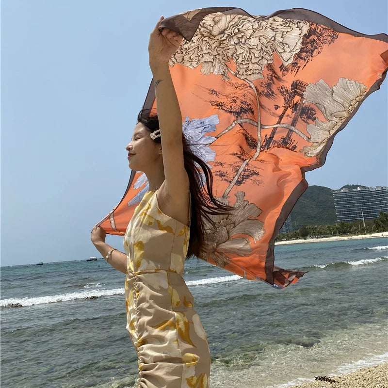Travel Beach Scarve Bikini Large Sunscreen Shawl Design Floral Sarong Wrap Scarf Women Luxury Swimsuit Bathing Cover-up 90x180cm