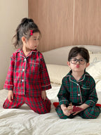 Merry Christmas Kids Pure Cotton Pajamas Set Plaid Print Turn-down Collar Button Shirt Trousers 2 Pieces Suit Homewear Xmas Look