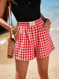 New Style Casual Red And White Checkered Letter Logo Shorts - stylish And Unique With Pockets On The Legs And Wide-leg Style