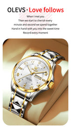 OLEVS 2910 Luxury Men Women Couple Watch Dual Calendar Display Waterproof Stainless Steel Clock Gold Diamond Couple Quartz Watch