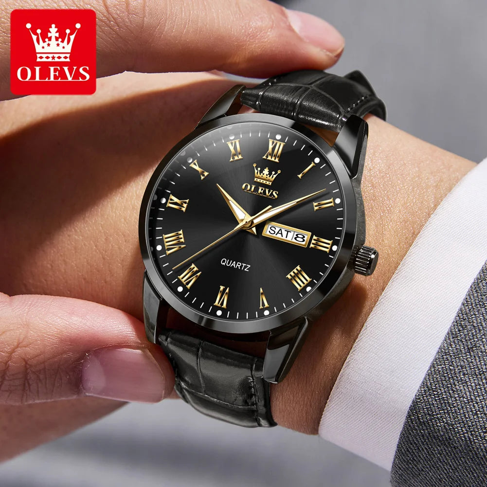 OLEVS 5892 Watches for Men Leather Strap Dual Calendar Roman Scale Simple Elegant Luxury Original Quartz Men's Watches