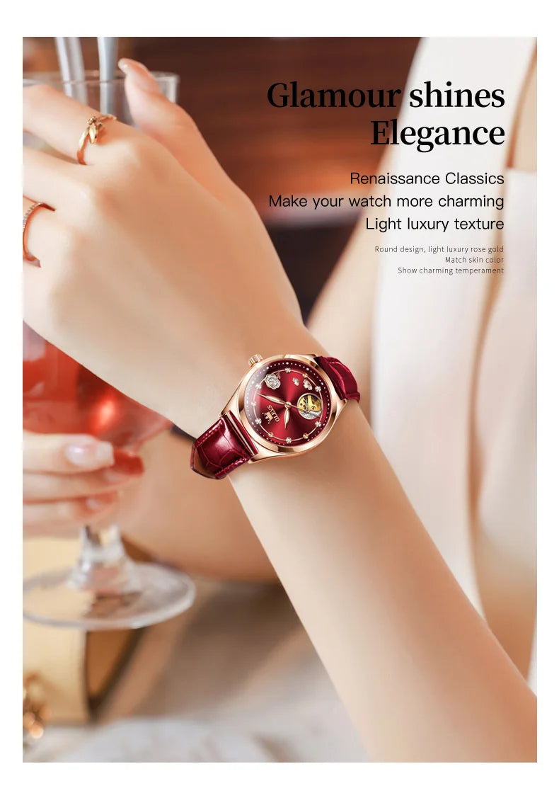 OLEVS 6601 Green Leather Strap Women Watch Automatic Mechanical Movement Waterproof Diamond Fashion Watch