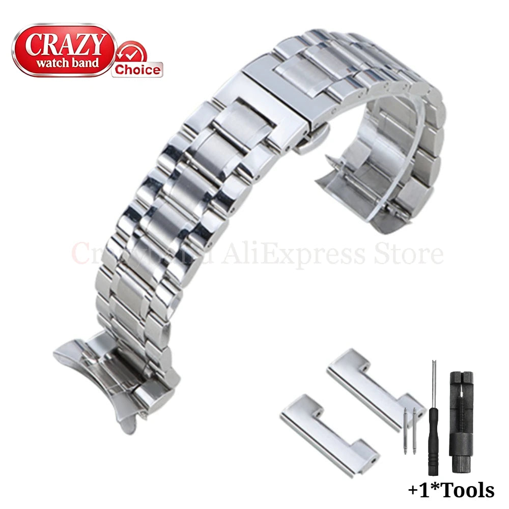 20mm22mm Arc Stainless Steel Watch Band 12/14/16mm 18mm 21mm 24mm Curved Universal Women Men Strap Silver Black Butterfly Buckle