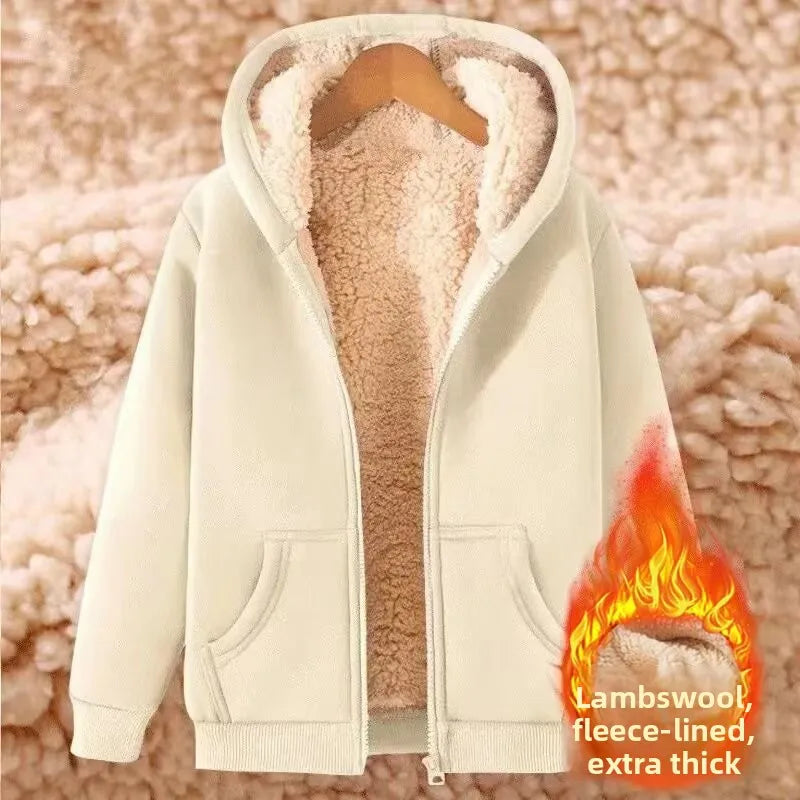 Thickened Lamb Velvet Hooded Cardigan Pure Color Oversize Sweatshirt Men Women Korean Style Winter Warm Casual Outerwear