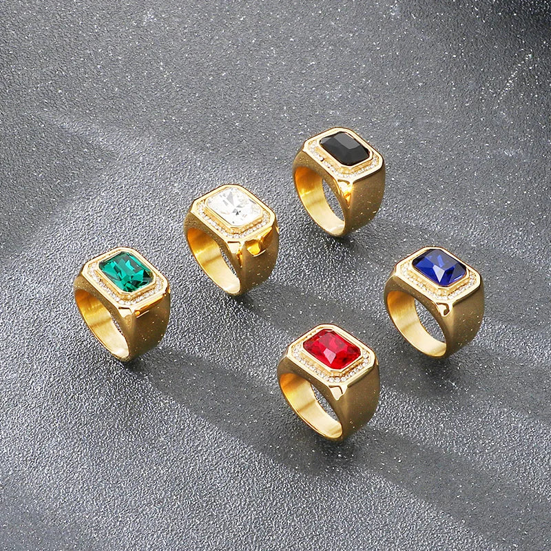 KALEN Trendy Stainless Steel Larger Men's Finger Ring Square Cut  Zircon Stone Cocktail Rings Hip Hop Business Fashion Jewelry