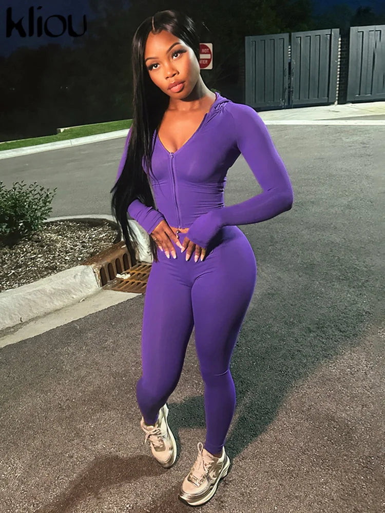 kliou Casual Women 2 Piece Set Classic Tracksuits Solid Long Sleeve Zip-up Hood Tops+Slim Elastic Pants Sporty Concise Outfits