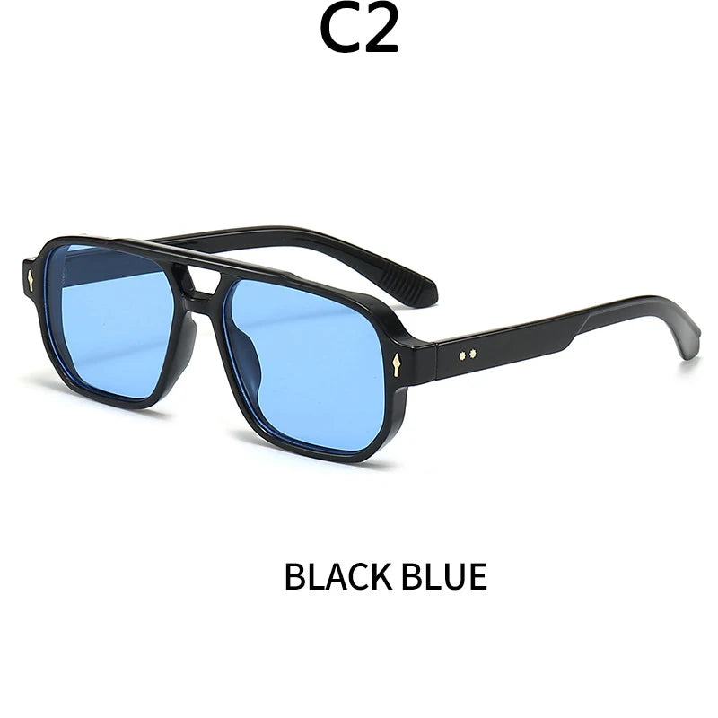 Vintage Double Bridges Men Square Sunglasses Fashion Green Ocean Lens UV400 Eyewear Women Trending Rivets Sun Glasses