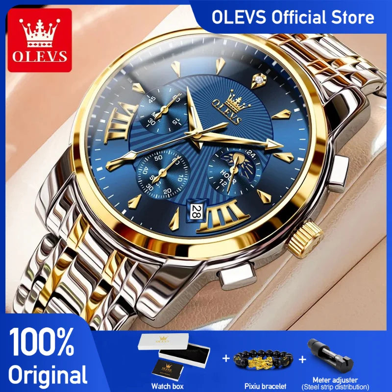 OLEVS 2892 Men's Watches Top Brand Multifunctional Chronograph Wristwatch Original Quartz Watch Man Waterproof Luminous Moon