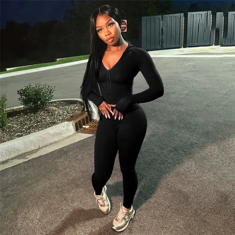 Weird Puss Sporty Casual 2 Piece Set Women Tracksuit Hooded Zip Crop Tops+Leggings Fitness Soft Stretch Streetwear Activity Suit