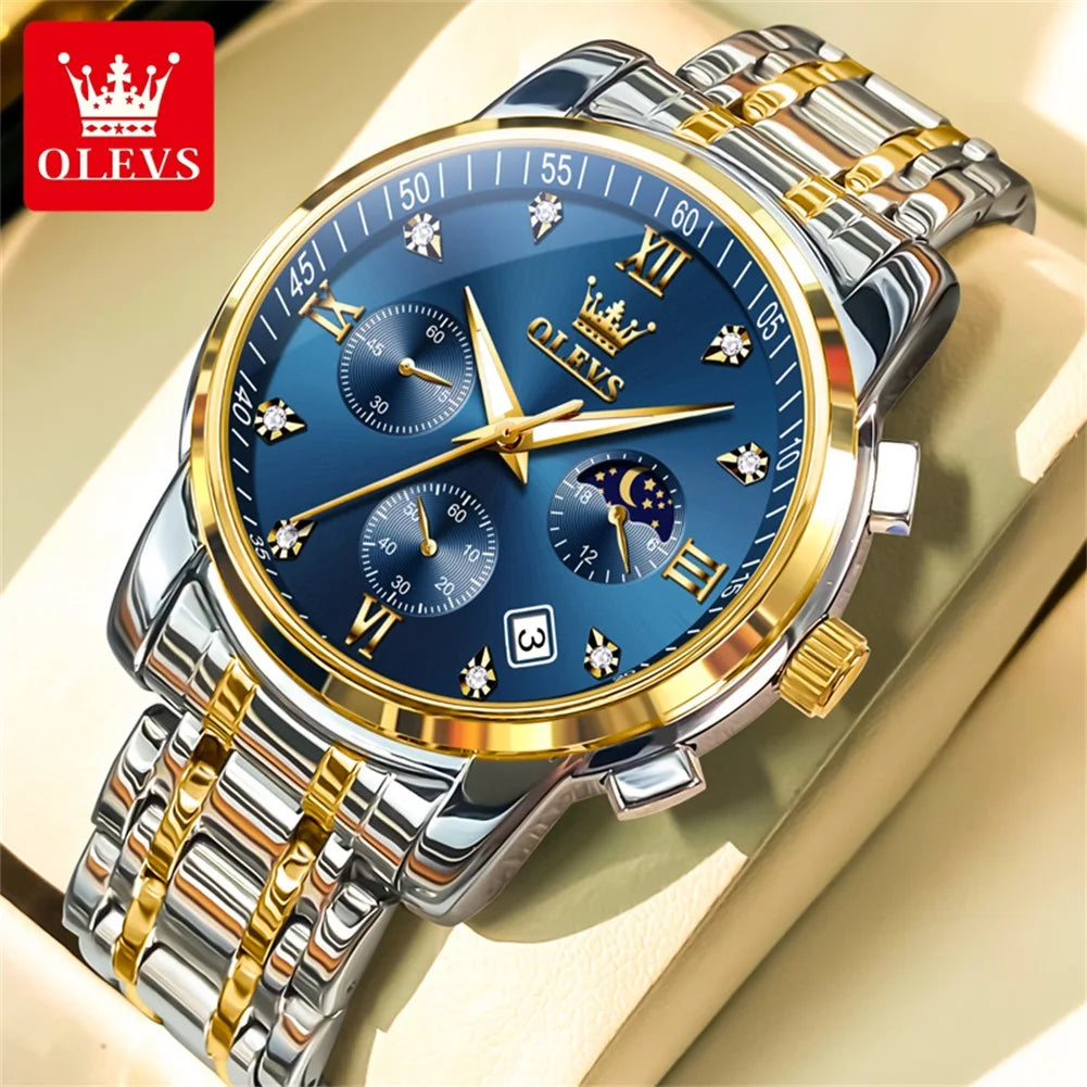 OLEVS 2858 Men's Watches Stainless Steel Waterproof Anti-Scratch Moon Phase Luminous Chronograph Luxury Quartz Men's Wristwatch
