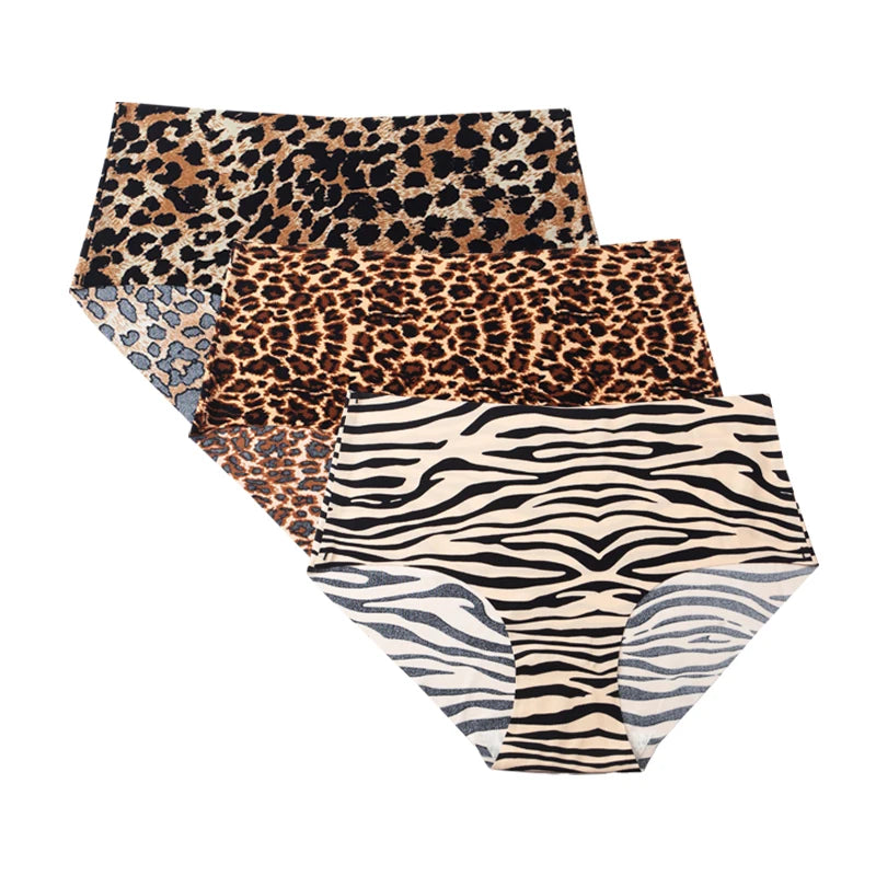 3pcs Women's Seamless Ice Silk Panties Female Mid Waist Plus Size Leopard Print Underwear Girls Fashion Brief Lady Comfort Panty