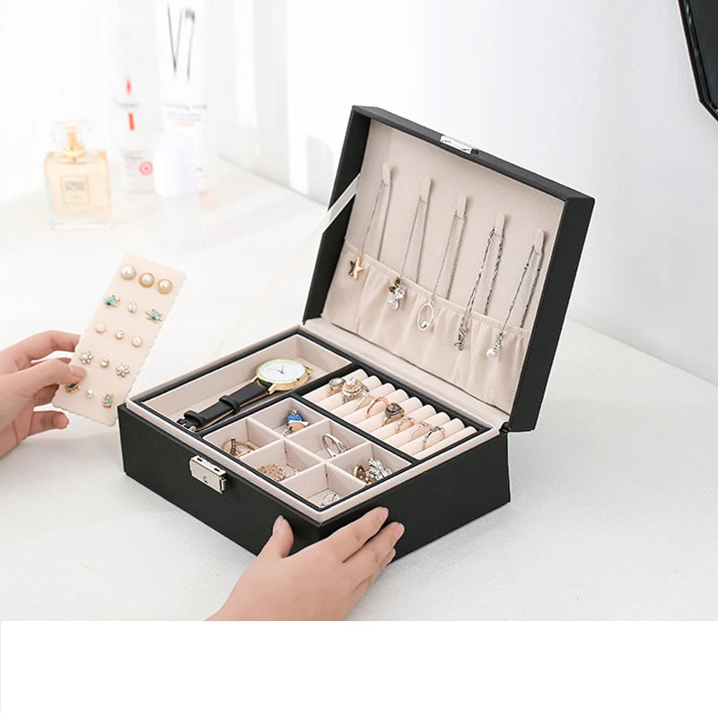 1 pcs PU leather jewelry box, double-layer wooden jewelry box, princess jewelry storage box, makeup box