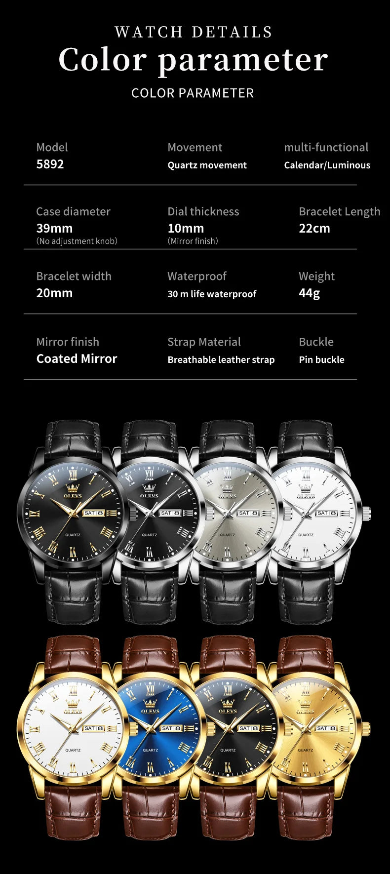 OLEVS 5892 Watches for Men Leather Strap Dual Calendar Roman Scale Simple Elegant Luxury Original Quartz Men's Watches