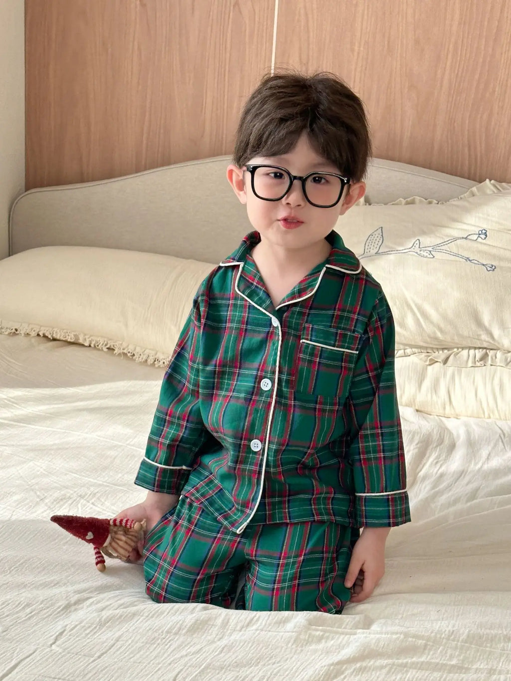Merry Christmas Kids Pure Cotton Pajamas Set Plaid Print Turn-down Collar Button Shirt Trousers 2 Pieces Suit Homewear Xmas Look