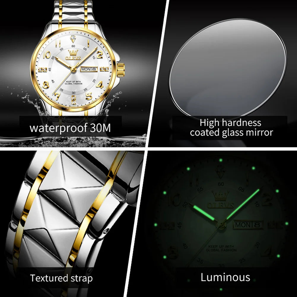 OLEVS 2910 Luxury Men Women Couple Watch Dual Calendar Display Waterproof Stainless Steel Clock Gold Diamond Couple Quartz Watch