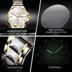 OLEVS 2910 Luxury Men Women Couple Watch Dual Calendar Display Waterproof Stainless Steel Clock Gold Diamond Couple Quartz Watch