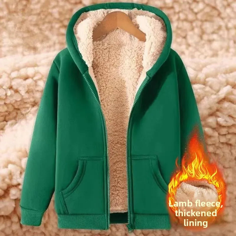 Thickened Lamb Velvet Hooded Cardigan Pure Color Oversize Sweatshirt Men Women Korean Style Winter Warm Casual Outerwear