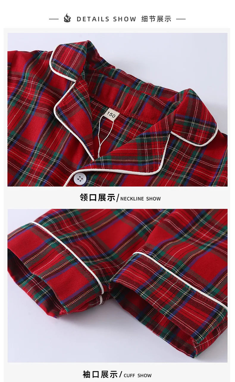 Merry Christmas Kids Pure Cotton Pajamas Set Plaid Print Turn-down Collar Button Shirt Trousers 2 Pieces Suit Homewear Xmas Look