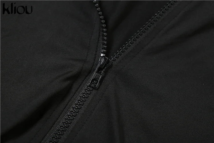 kliou Casual Women 2 Piece Set Classic Tracksuits Solid Long Sleeve Zip-up Hood Tops+Slim Elastic Pants Sporty Concise Outfits