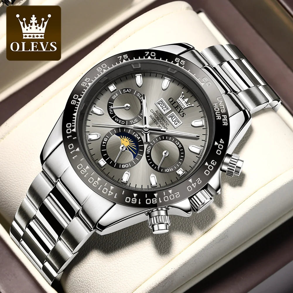OLEVS 6654 Mens Watch Fashion Chronograph Automatic Mechanical Wristwatch Waterproof Luminous Function Top Brand Watch for Man