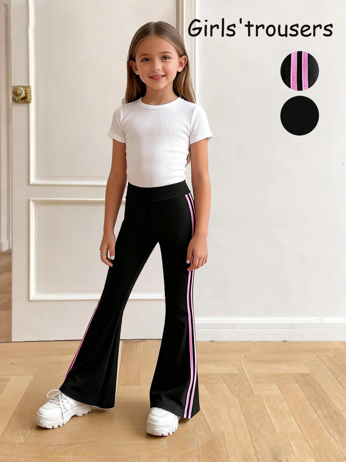 Girls' Casual Pants, Versatile Bell-Bottom Trousers for All Seasons, Soft and Comfortable Fabric, Stylish Design with Side Stripes, Suitable for Girls Aged 4-12, Perfect for Home and Outdoor Wear