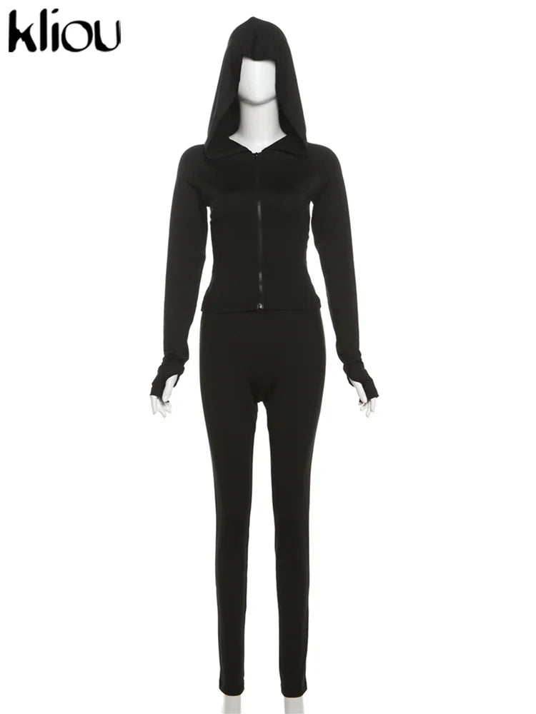 kliou Casual Women 2 Piece Set Classic Tracksuits Solid Long Sleeve Zip-up Hood Tops+Slim Elastic Pants Sporty Concise Outfits