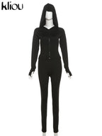 kliou Casual Women 2 Piece Set Classic Tracksuits Solid Long Sleeve Zip-up Hood Tops+Slim Elastic Pants Sporty Concise Outfits