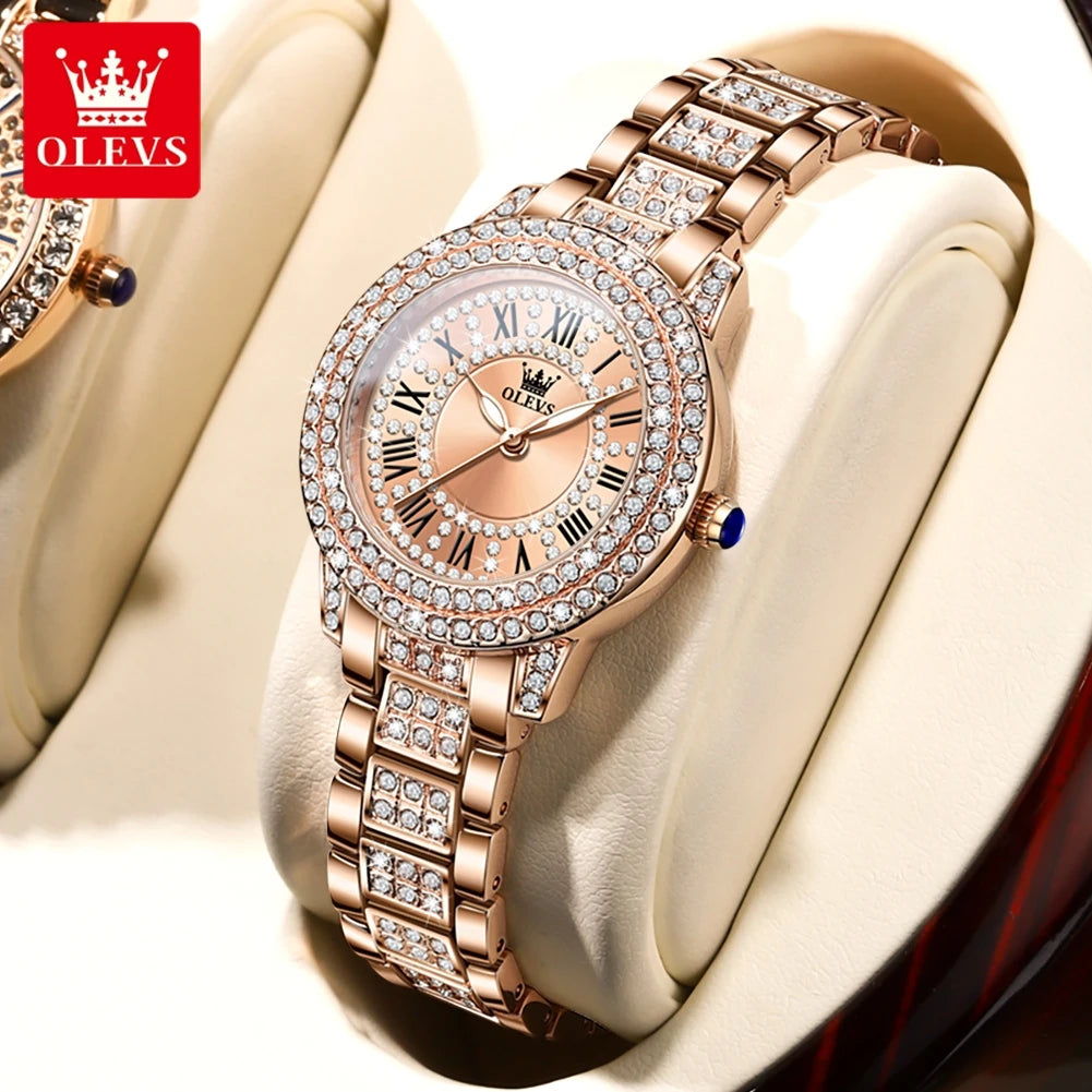 OLEVS 9943 Rose Gold Ladies Watch Stainless Steel Waterproof Full Diamond Quartz Watch for Women Set Gift