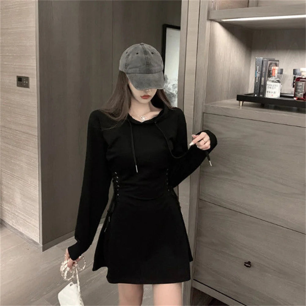 Streetwear Mini Dress Spring Autumn Korean High Waist Lace Up Slim Vestidos Women Harajuku Hooded Bandage A Line Dresses