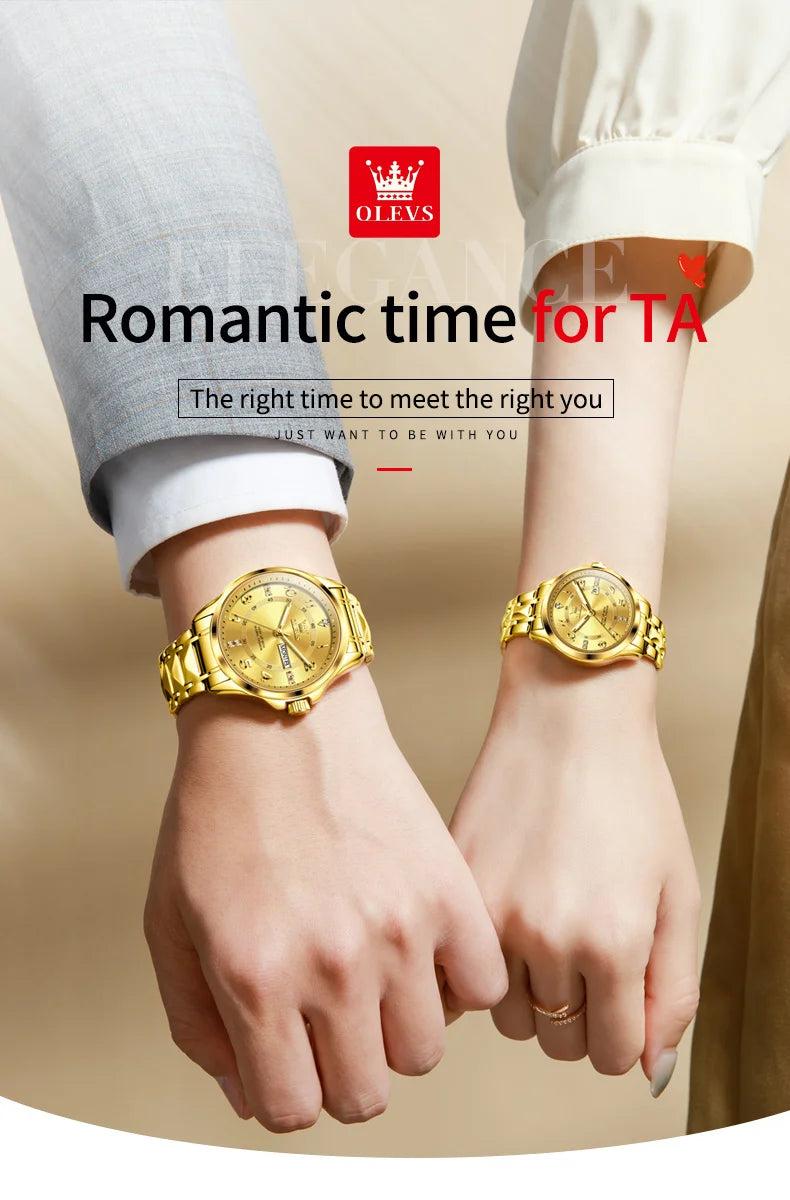 OLEVS Luxury Brand Couple Watch Classics Dual Calendar Wristwatch for Men and Women Waterproof Lover's Watch Set Gift Box