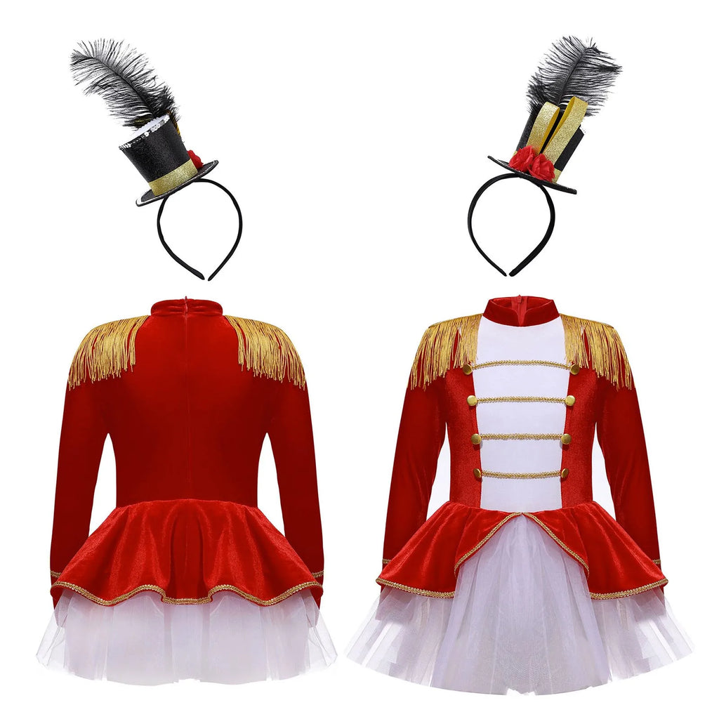 Girls Ringmaster Circus Costume Set Zipper Tutu Leotard Gown Dress with Hat for Halloween Carnival Cosplay Party Performance