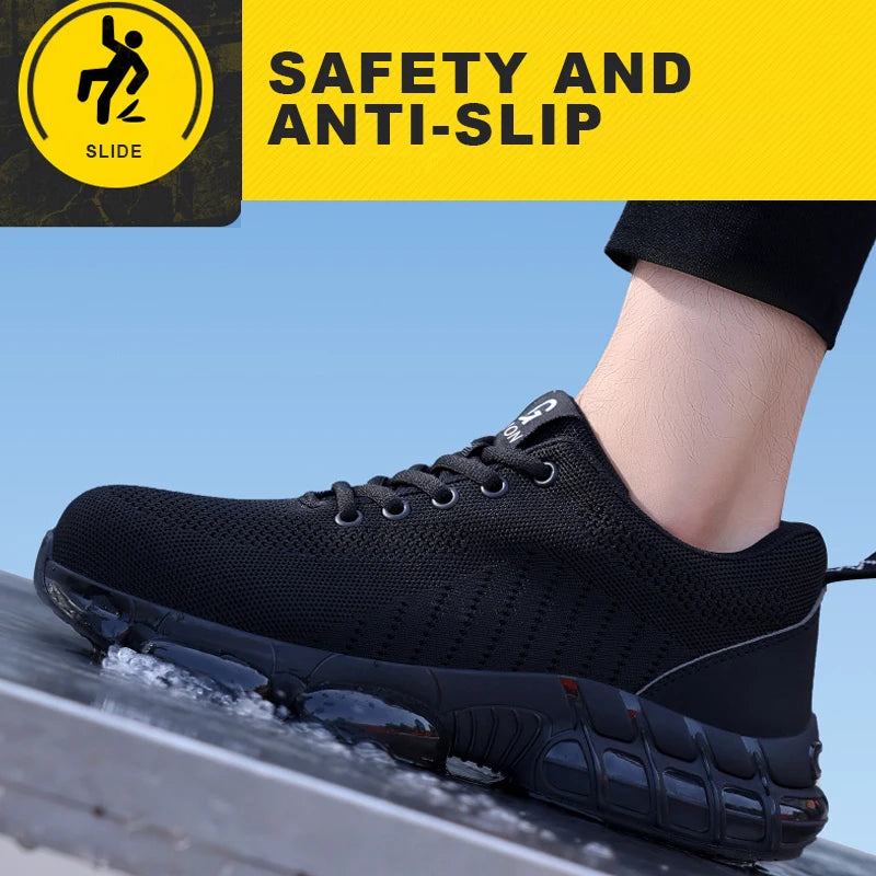 Safety Shoes Men Steel Toe Boots Anti-smash Anti-puncture Safety Work Shoes Men Lightweight Breathable Protective Shoes Black