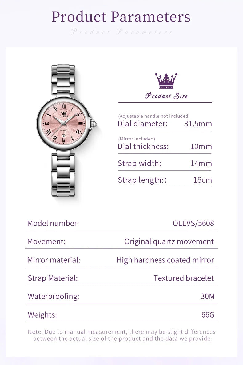 OLEVS 5608 Retro Style Quartz Watch for Women Elegant Steel Strap Auto Date Waterproof Luminous Luxury Ladies Wristwatch