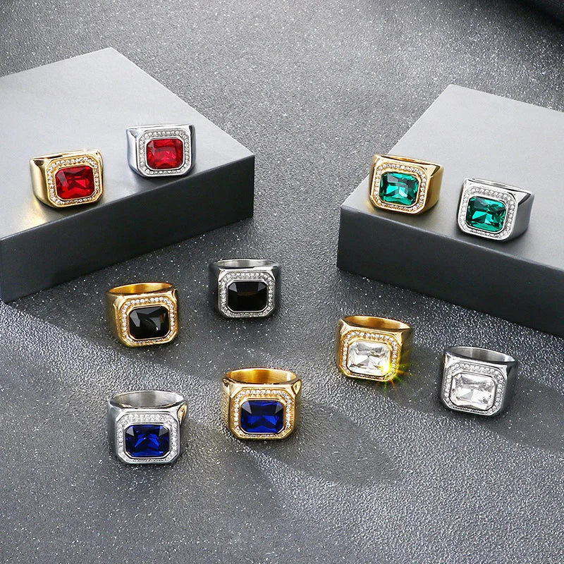 KALEN Trendy Stainless Steel Larger Men's Finger Ring Square Cut  Zircon Stone Cocktail Rings Hip Hop Business Fashion Jewelry
