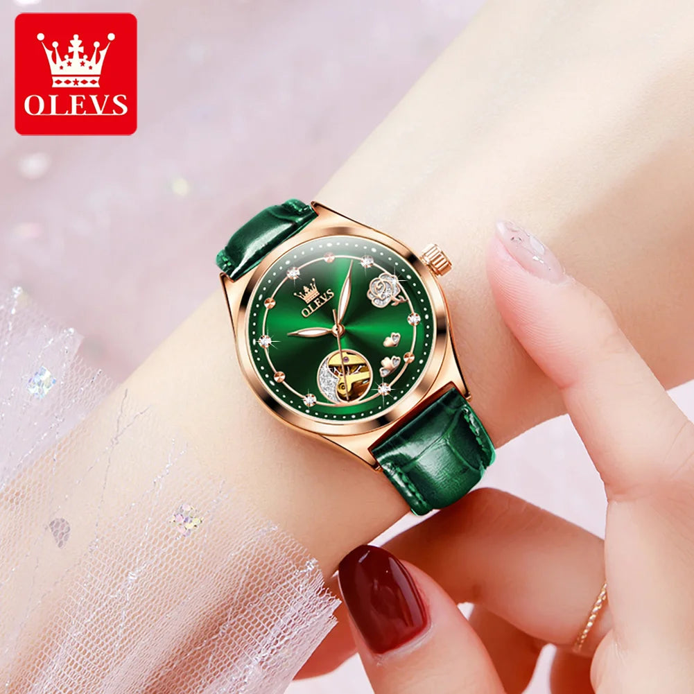 OLEVS 6601 Green Leather Strap Women Watch Automatic Mechanical Movement Waterproof Diamond Fashion Watch