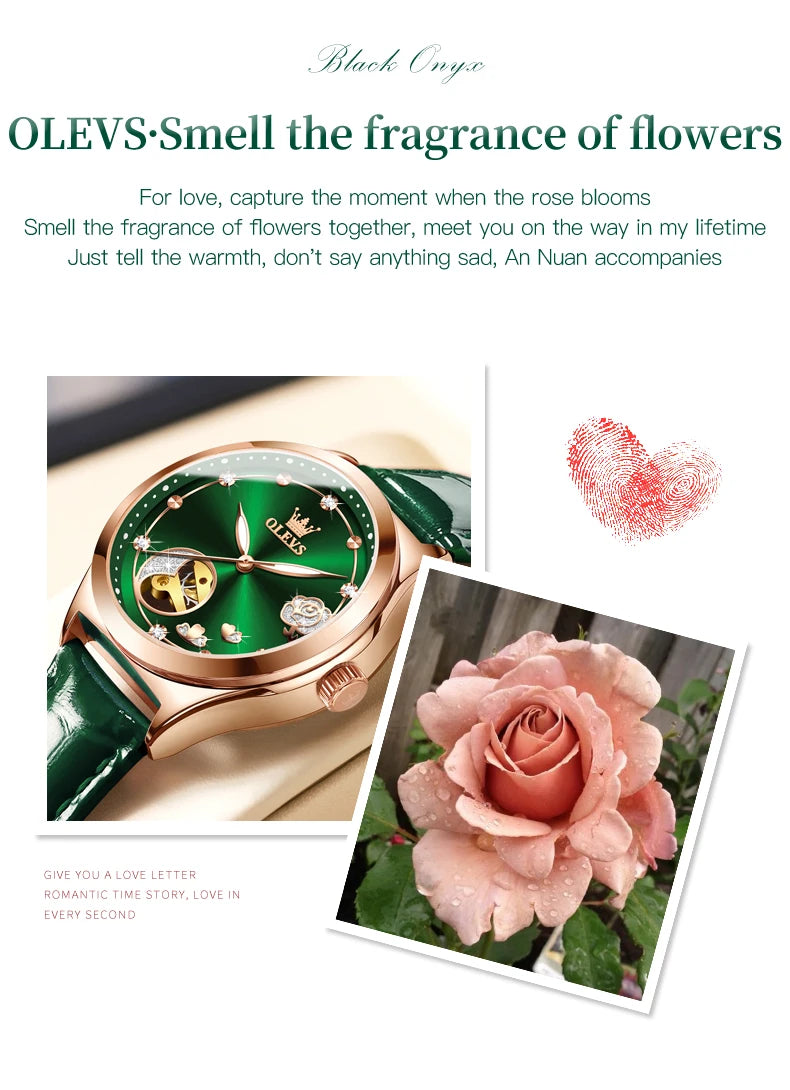 OLEVS 6601 Green Leather Strap Women Watch Automatic Mechanical Movement Waterproof Diamond Fashion Watch