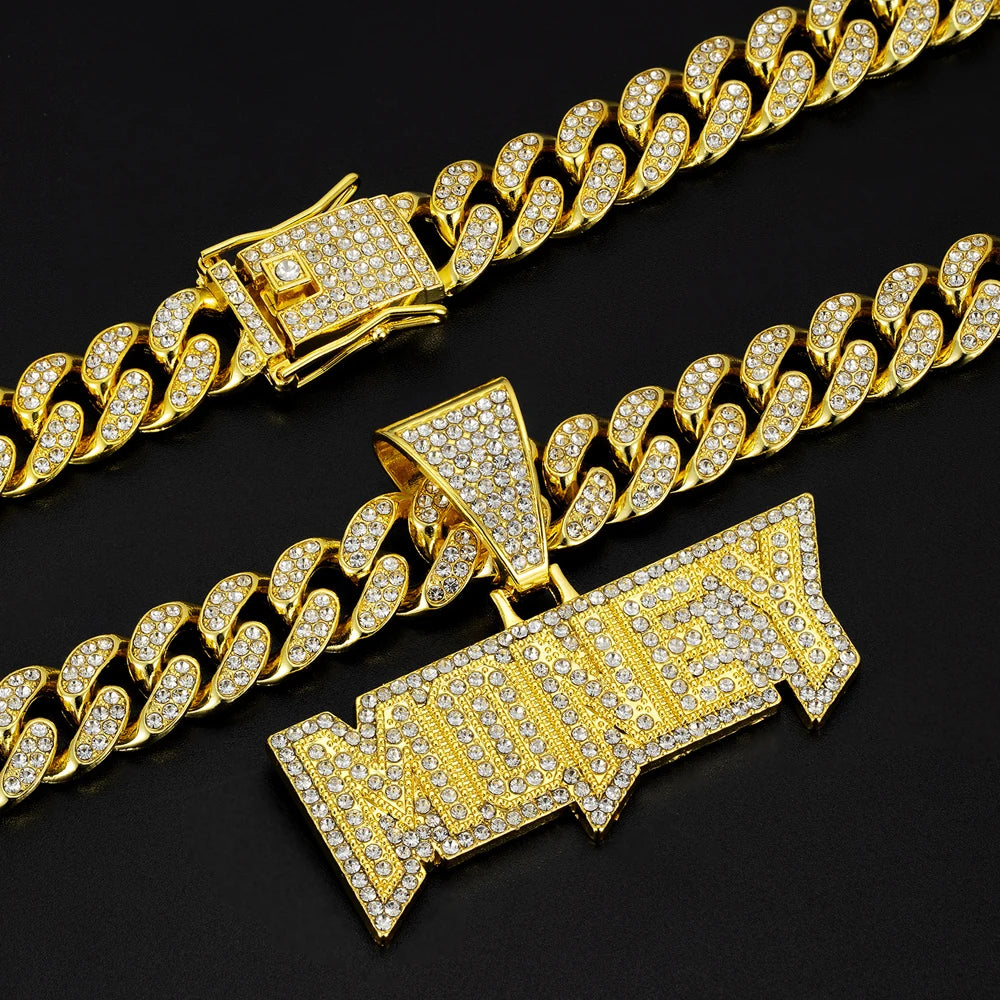 Men Women Hip Hop Money Letter  Pendant Necklaces 13MM Cuban chain Iced out Bling Alloy Rhinestone Hiphop Fashion Charm Jewelry