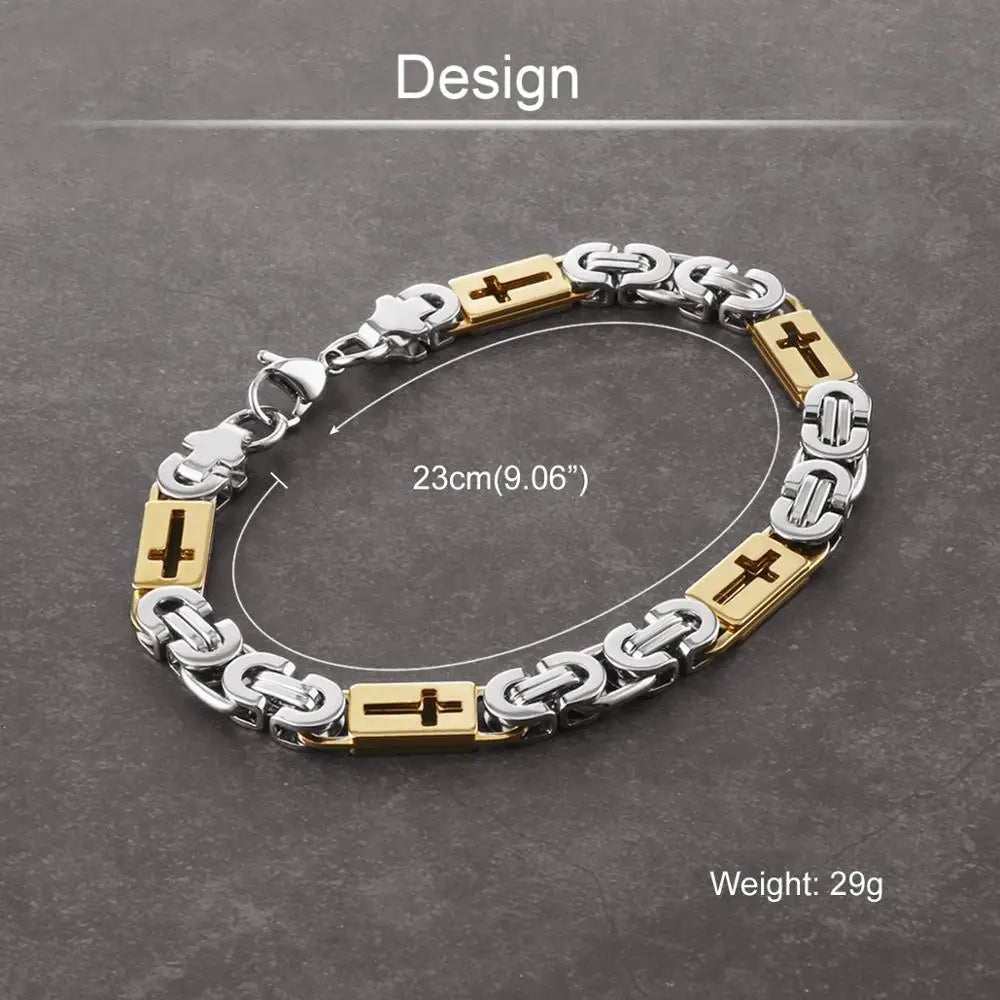 Stainless Steel Byzantine Link Chains Bangle Bracelets for Male Men Cross Chain Bracelet Hip Hop Trendy Wrist Jewelry Gift