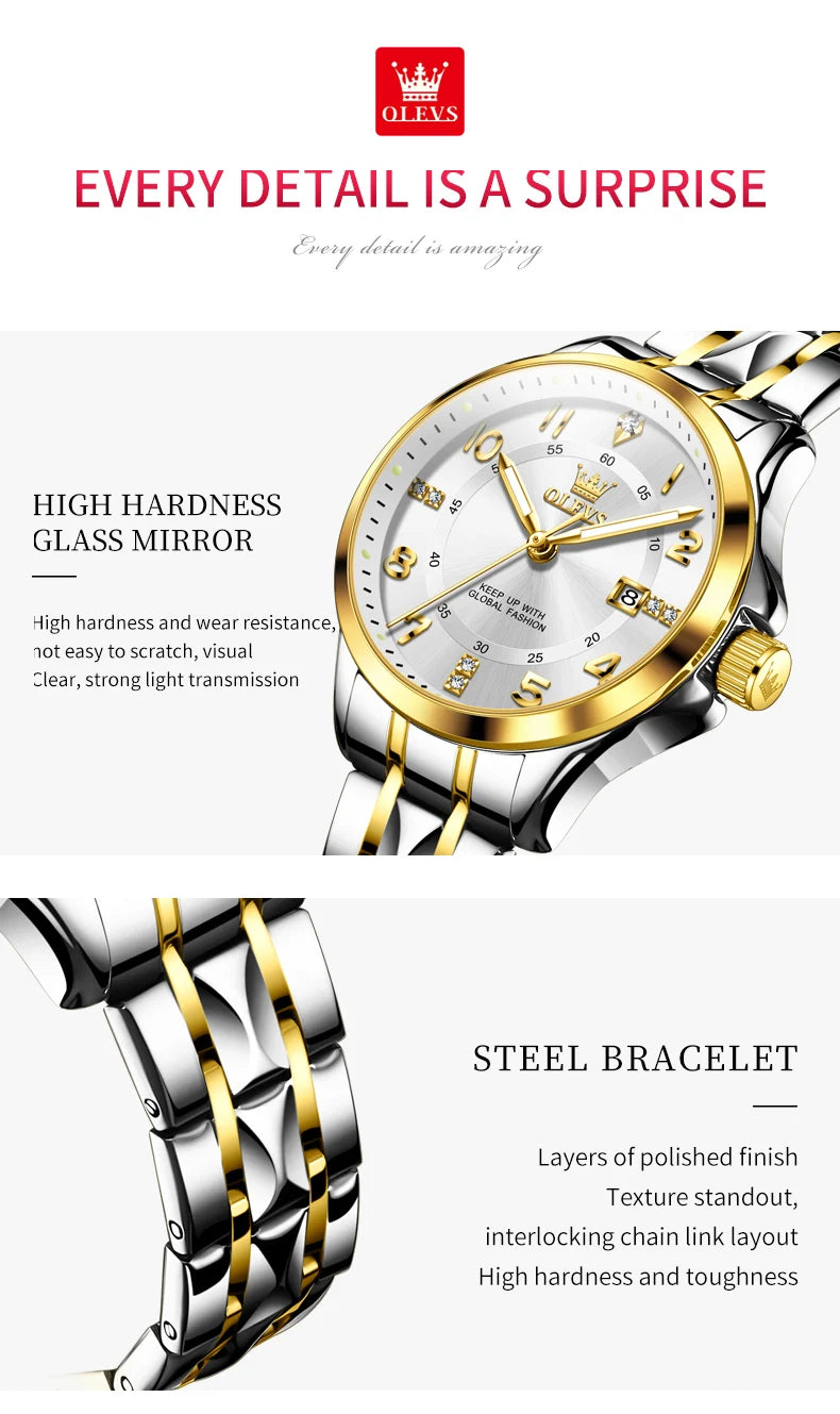 OLEVS 2910 Women's Watches Elegant Original Quartz Watch for Ladies Stainless Steel Waterproof Luminous Automatic Date Reloj