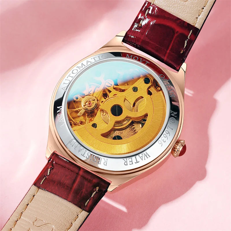 OLEVS Luxury Brand Skeleton Heart Dial Automatic Mechanical Women Watch Ladies Watches Ladies Waterproof Wristwatch Female