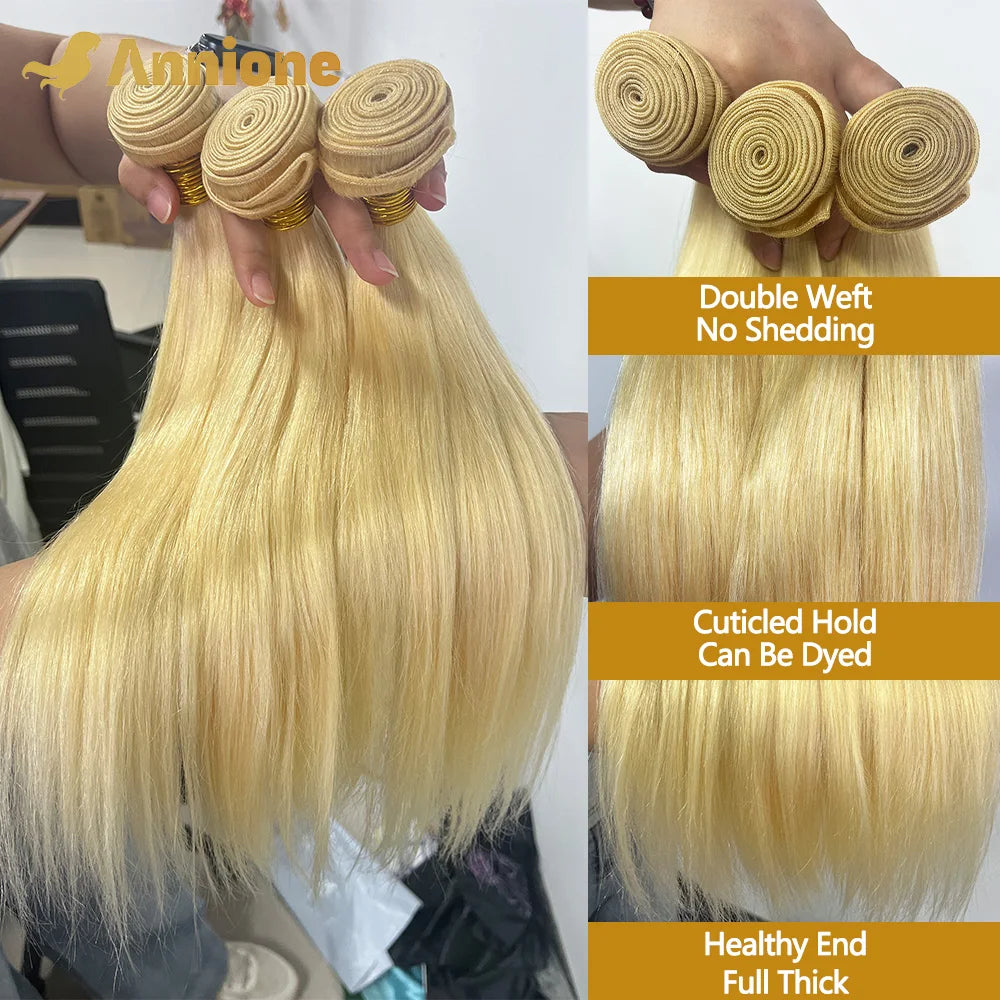 Annione 613 Human Hair Bundles 12A Straight Human Hair Bundles Raw Human Hair 100% Blonde 3/4 Bundles Hair Extensions For Women