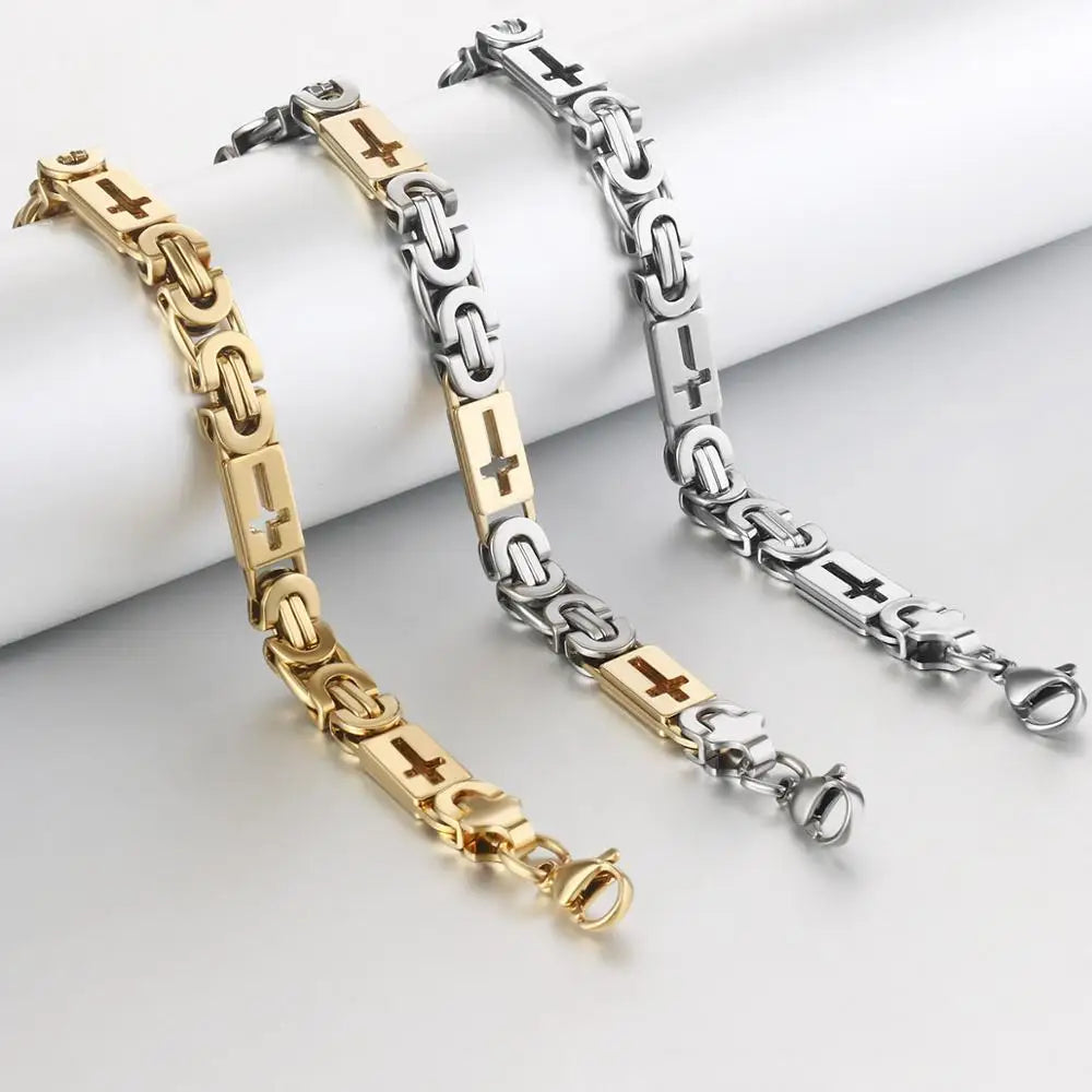 Stainless Steel Byzantine Link Chains Bangle Bracelets for Male Men Cross Chain Bracelet Hip Hop Trendy Wrist Jewelry Gift